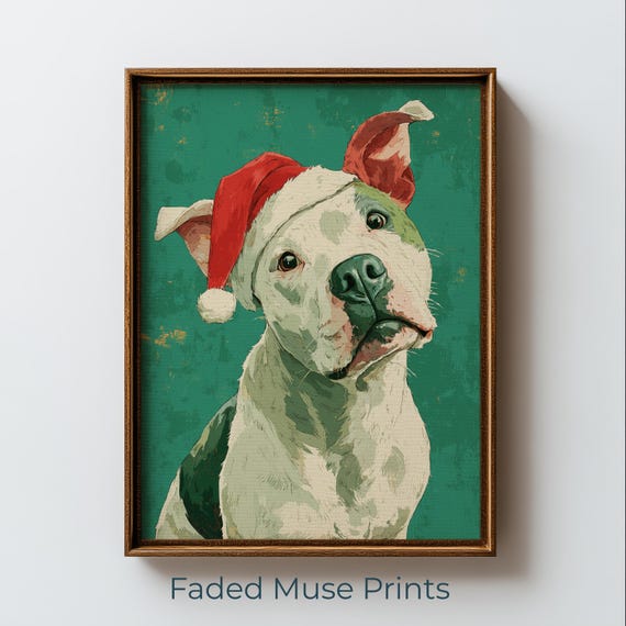 White Dog Santa Hat Portrait, Retro Christmas Poster