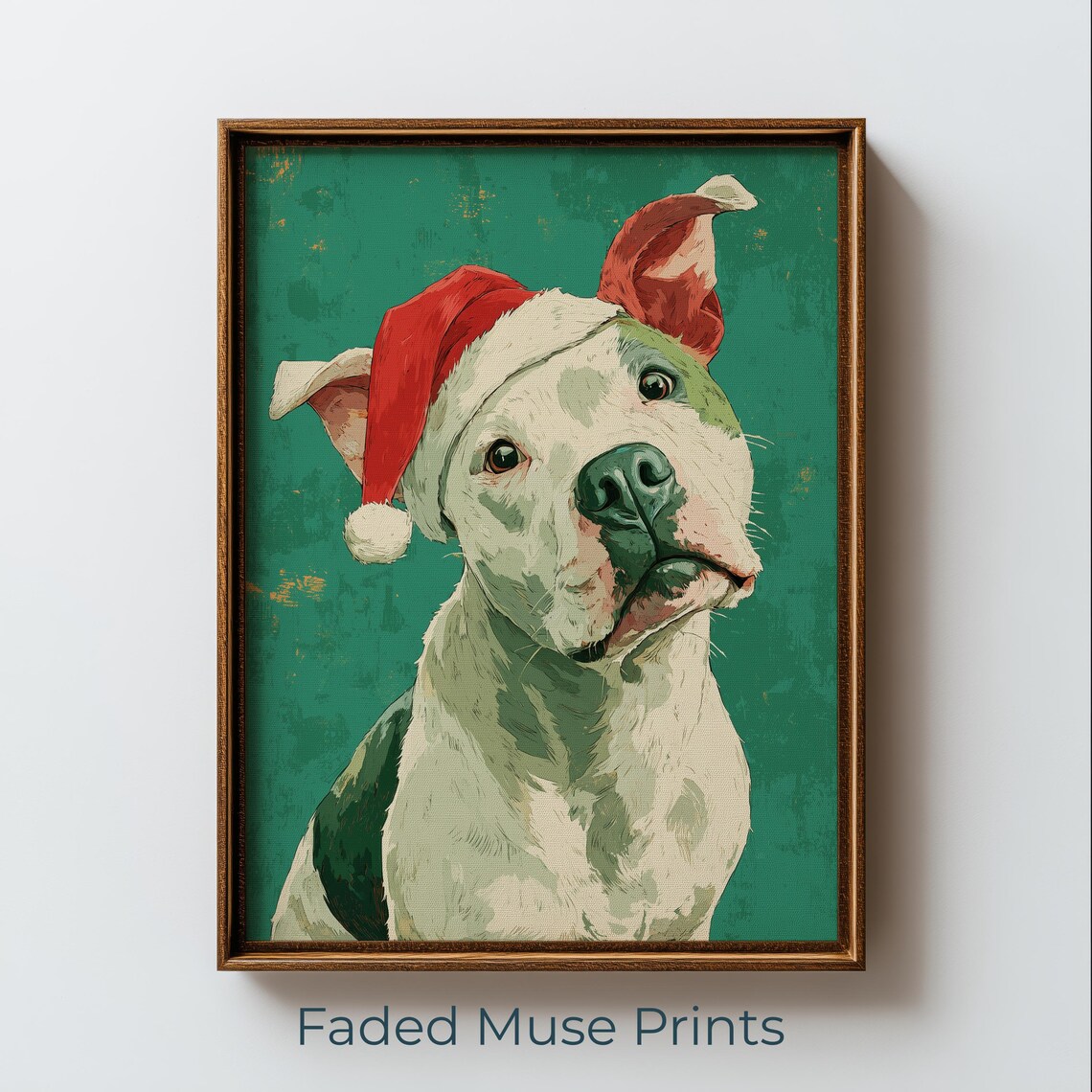 White Dog Santa Hat Portrait, Retro Christmas Poster