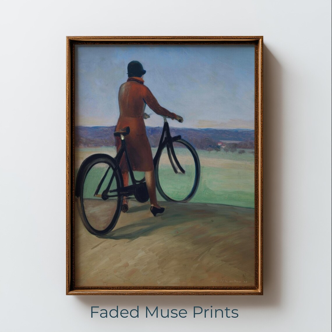 Vintage Lady in Red Coat with Bicycle Pastoral Painting Print