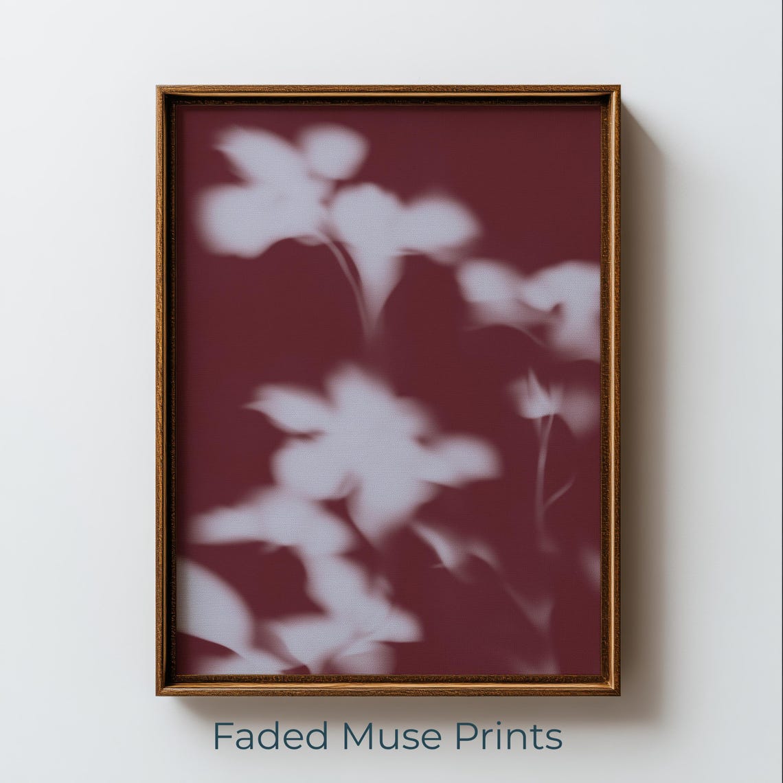 Botanical Shadow Blurred White Flowers Deep Red Minimalist Art Print