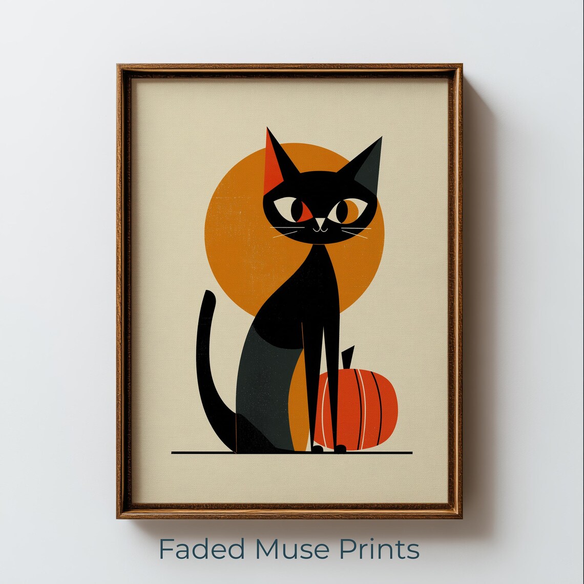 Black Cat Halloween Poster Print, Retro Pumpkin Moon