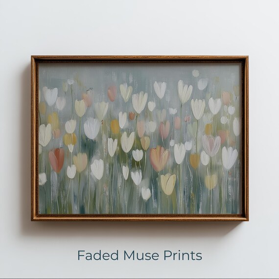 Cottagecore Tulip Field Painting Print Pastel Heart Petals Artwork