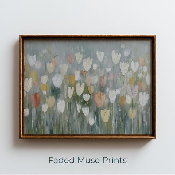 Cottagecore Tulip Field Painting With Heartshaped Petals Neutral Botanical Art Digital Download 1566