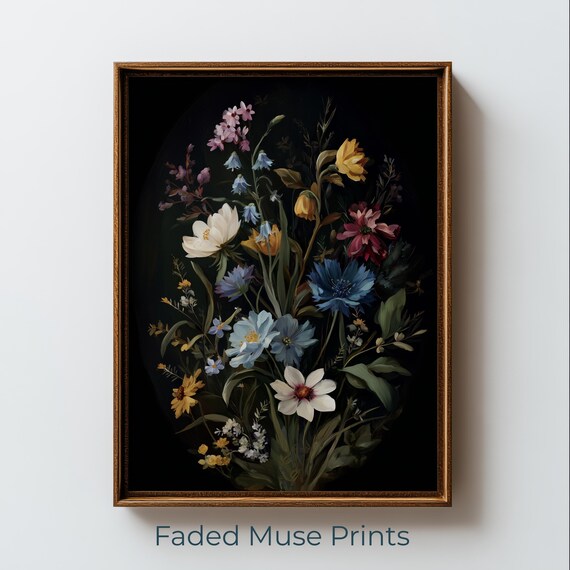 Moody Wildflower Bouquet Dark Floral Still Life Vintage Painting Poster