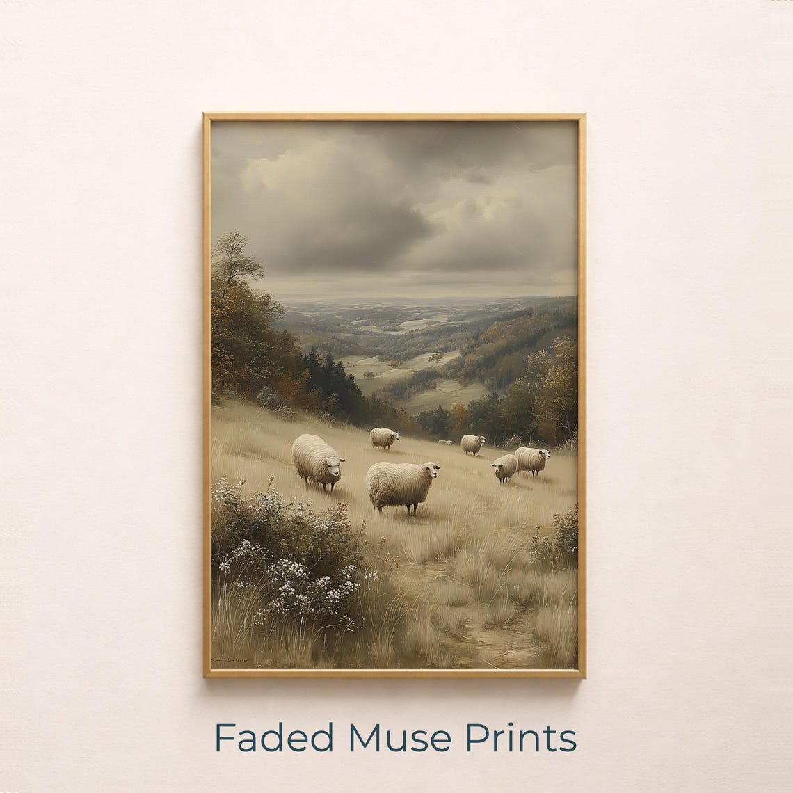 Pastoral Sheep Meadow Rustic Countryside Landscape Art Print