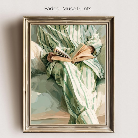 Green Striped Reading Woman Art Print Book Lover Portrait Digital Download