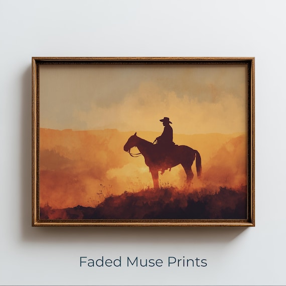 Lone Cowboy On Horseback At Sunset, Western Silhouette