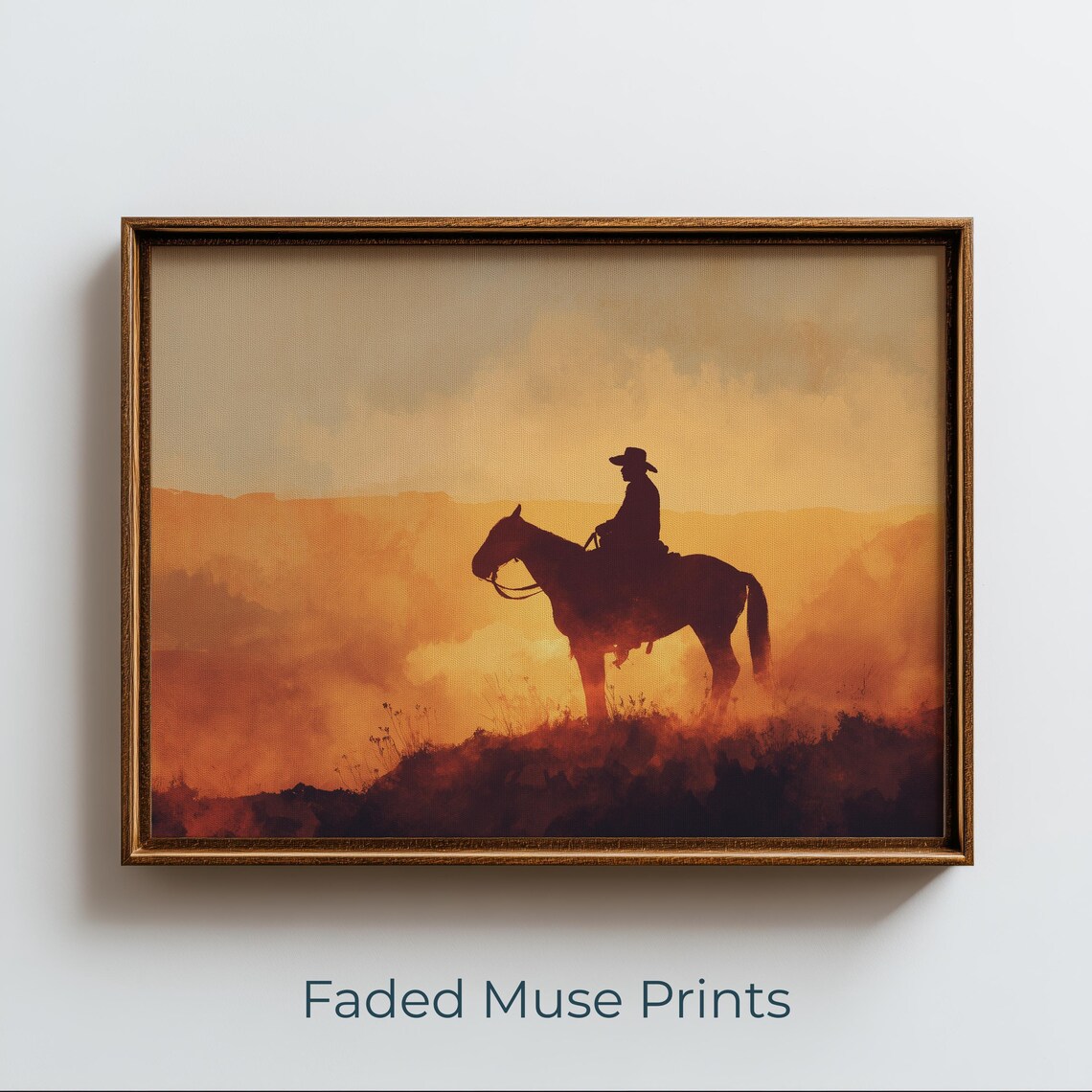 Lone Cowboy On Horseback At Sunset, Western Silhouette
