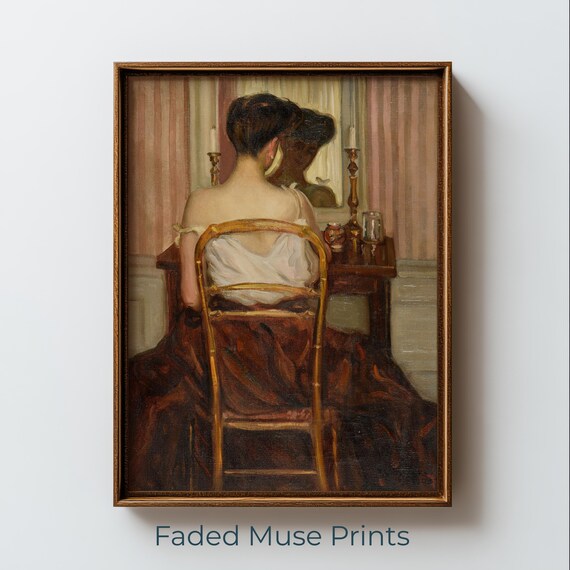 Romantic Vintage Woman At Vanity Mirror Intimate Realistic Figure Painting Poster