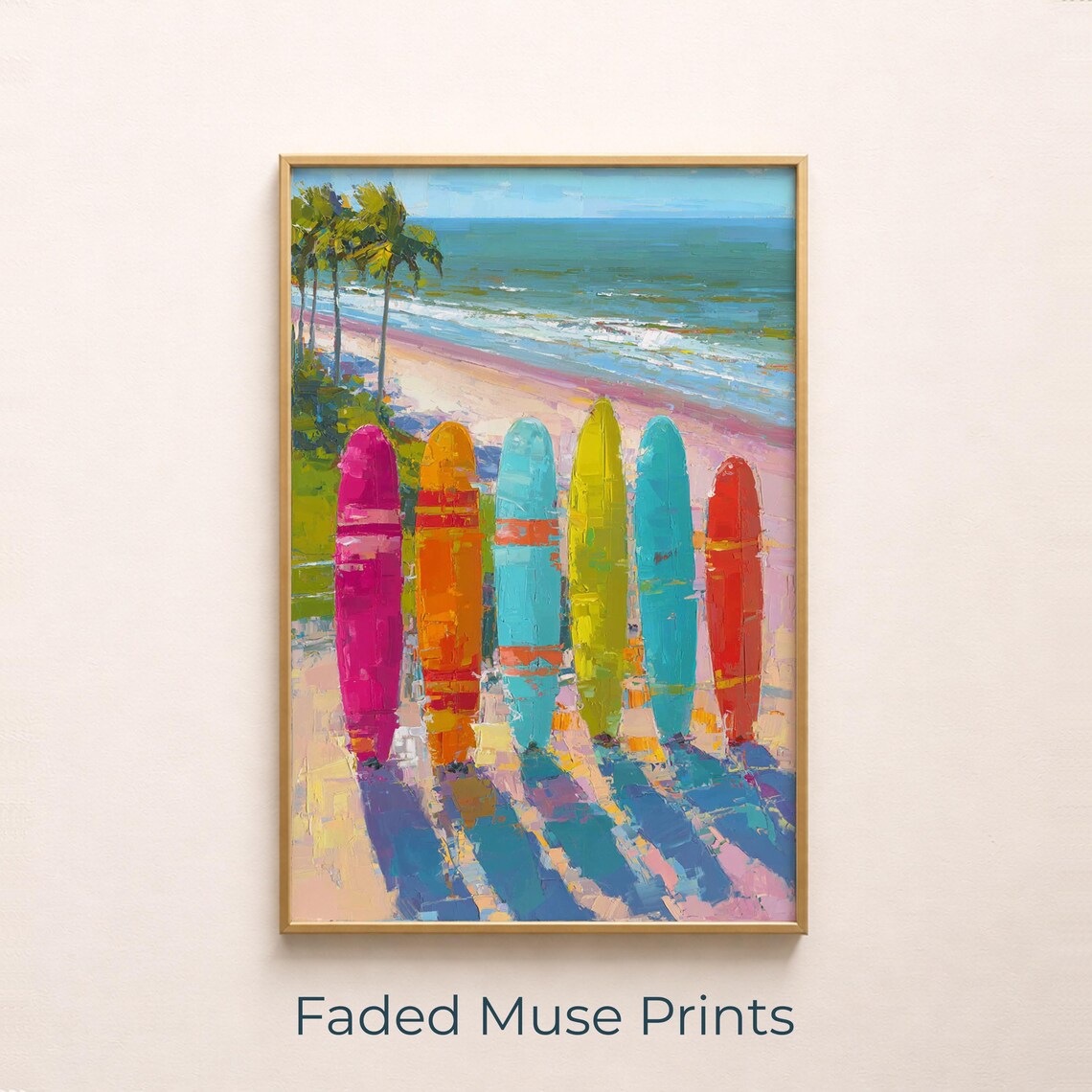 Colorful Surfboards Lining A Beach Tropical Coastal Art Print
