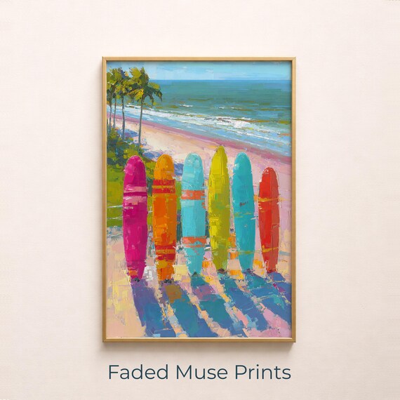 Colorful Surfboards Lining A Beach Tropical Coastal Art Print