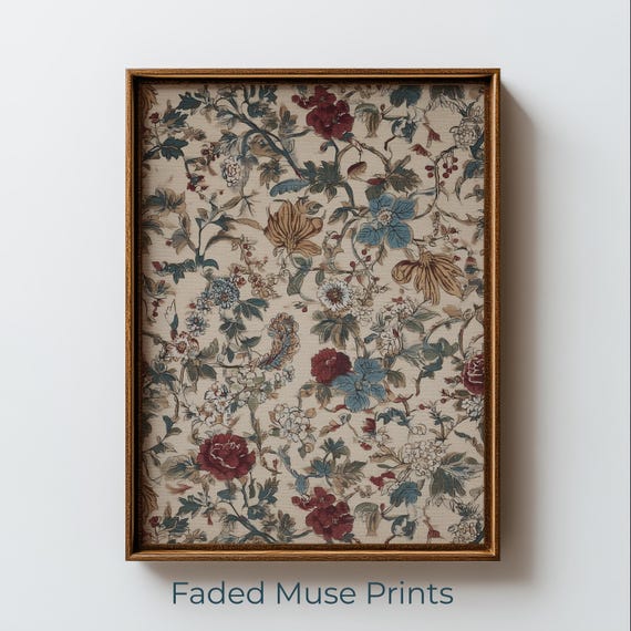 Vintage Floral Textile Wall Art Cottagecore Botanical Print Digital Download 1556