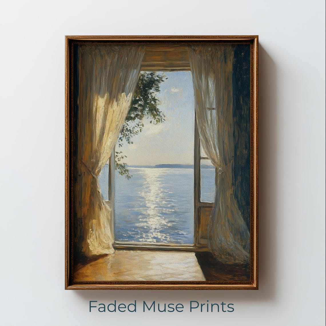 Sunlit Sea View Through Open Doorway Sheer Curtains Coastal Poster