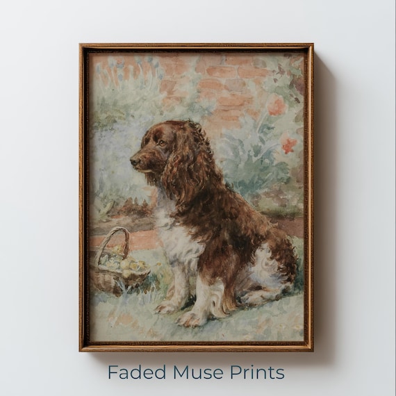 Vintage Spaniel Dog Portrait Garden Floral Printable Wall Art Digital Download 1069