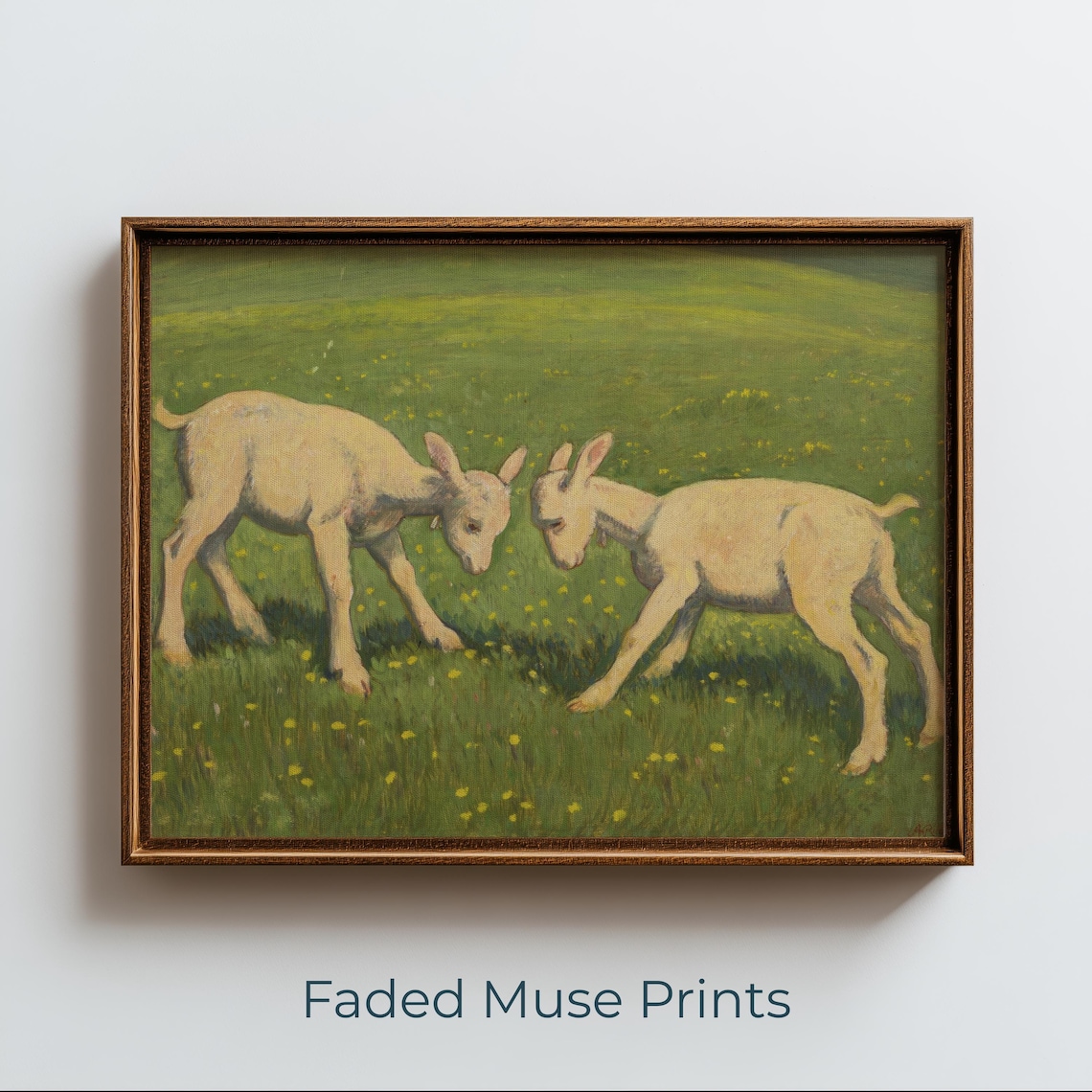 Young Lambs Butting Heads Rustic Pastoral Meadow Animal Art Poster