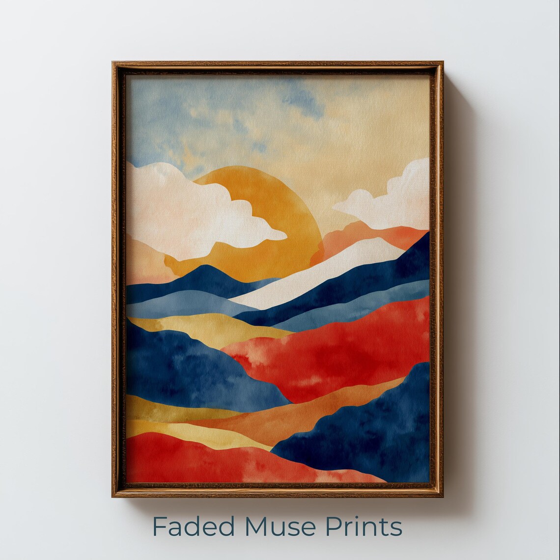 Retro Boho Landscape Sun and Clouds Midcentury Watercolor Mountain Art Poster