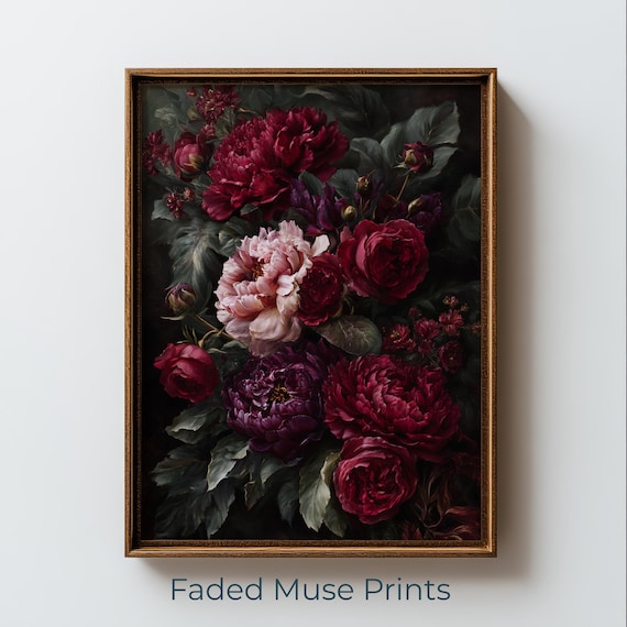 Peony And Rose Still Life Dark Romantic Moody Floral Oil Art Print