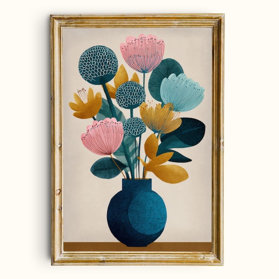 Charming Mid Century Modern Floral Bouquet in a Teal Vase Poster