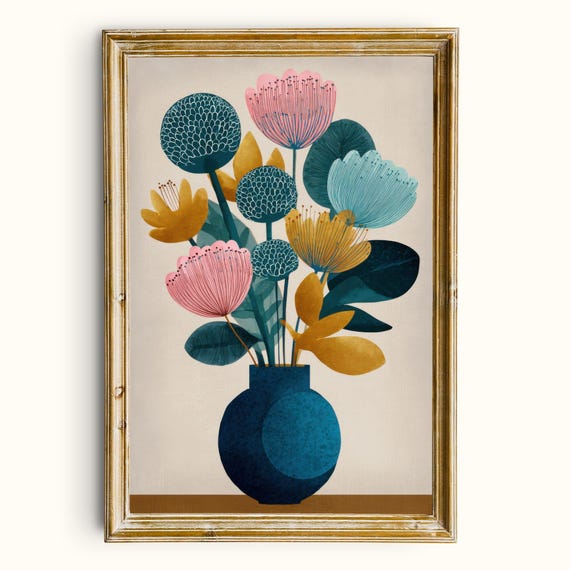 Modern Teal Floral Print Mid Century Botanical Illustration Digital Download
