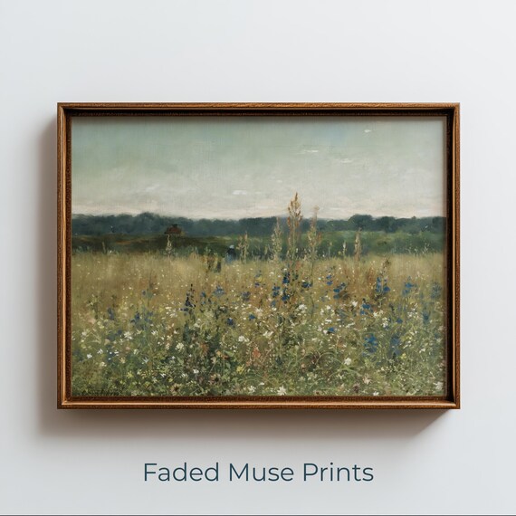 Spring Wildflower Meadow Print Vintage Pastoral Countryside Landscape
