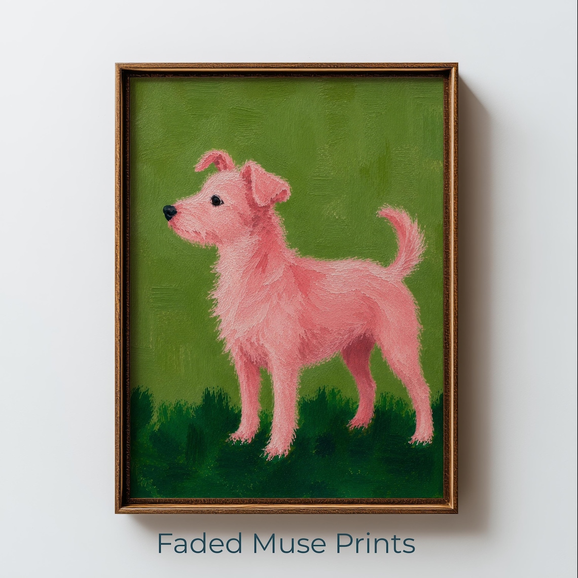 Pink Terrier Dog Painting Vintage Style Cute Puppy Green Art Poster