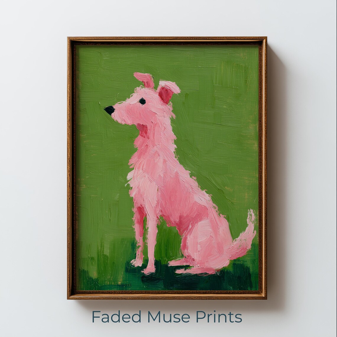 Matisse Style Pink Dog Painting Green Background Expressive Wall Art