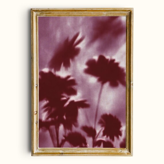 Vintage Daisy Shadow Print Moody Burgundy Botanical Printable Wall Art Digital Download