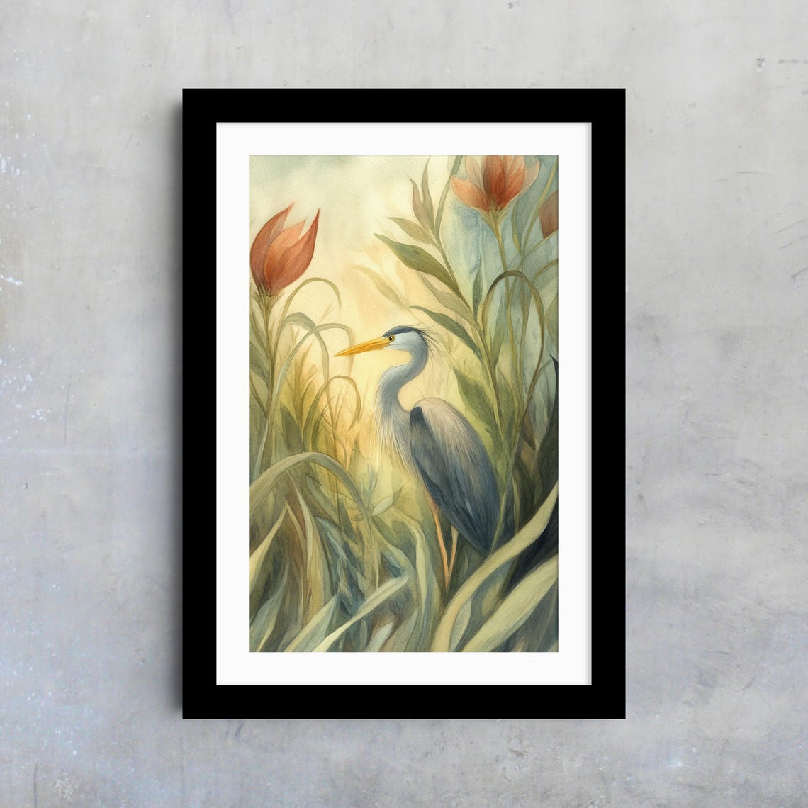 Great Blue Heron Watercolor Reeds Wildflowers Coastal Bird Poster
