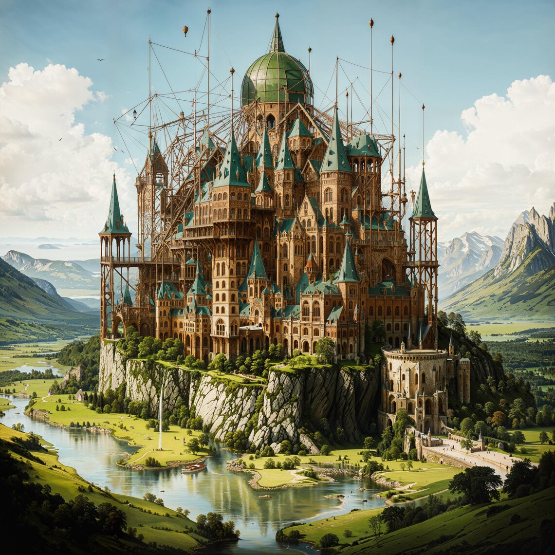 Towering Fantasy Citadel Green Copper Dome River Valley View Art Print - Image 3