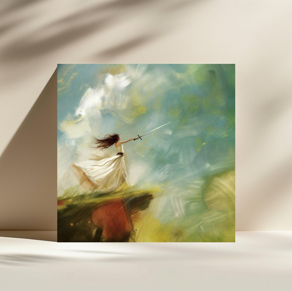 Warrior Woman Sword Raised Sky Dreamy Green Clouds Fantasy Art Poster