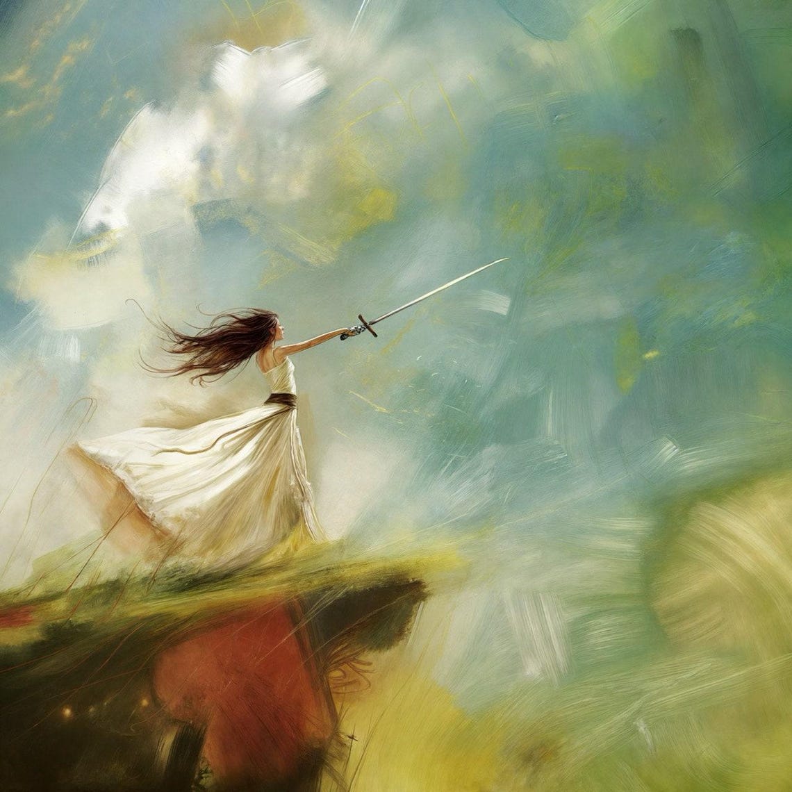 Warrior Woman Sword Raised Sky Dreamy Green Clouds Fantasy Art Poster - Image 3