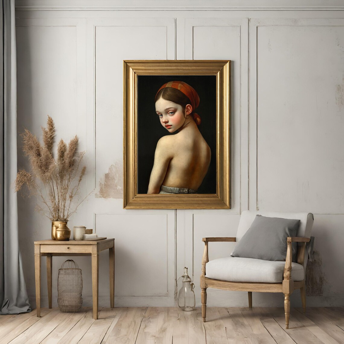 Classic Girl Portrait Red Headscarf Timeless Oil Painting Style Art Print - Image 2
