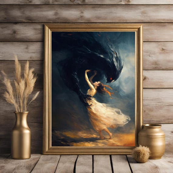 Dark Fantasy Artwork Mystical Demon And Maiden Scene Gothic Wall Art Print Ethereal Surreal Decor For Fantasy And Mythology Lovers