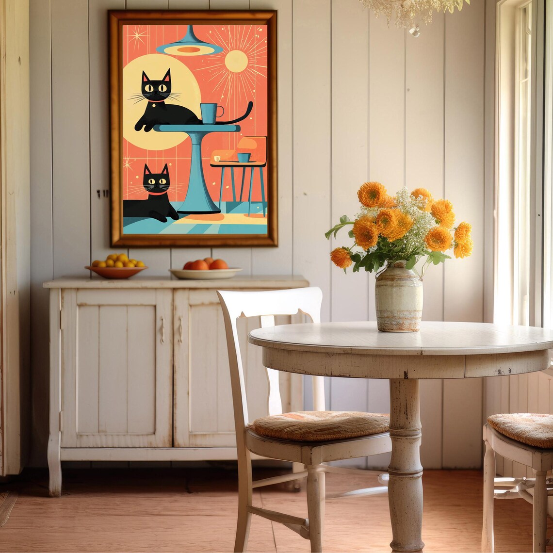 Midcentury Two Black Cats Coffee Table Sunburst Retro Kitchen Cat Poster