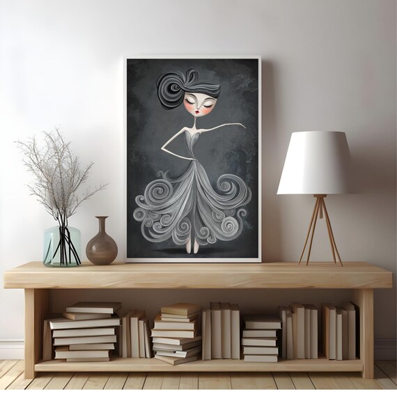 Whimsical Ballerina Swirling Grey Tutu Dark Background Ballet Poster