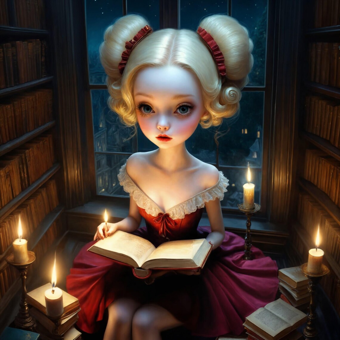 Gothic Girl Reading Candlelit Library Night Victorian Dark Academia Poster - Image 4