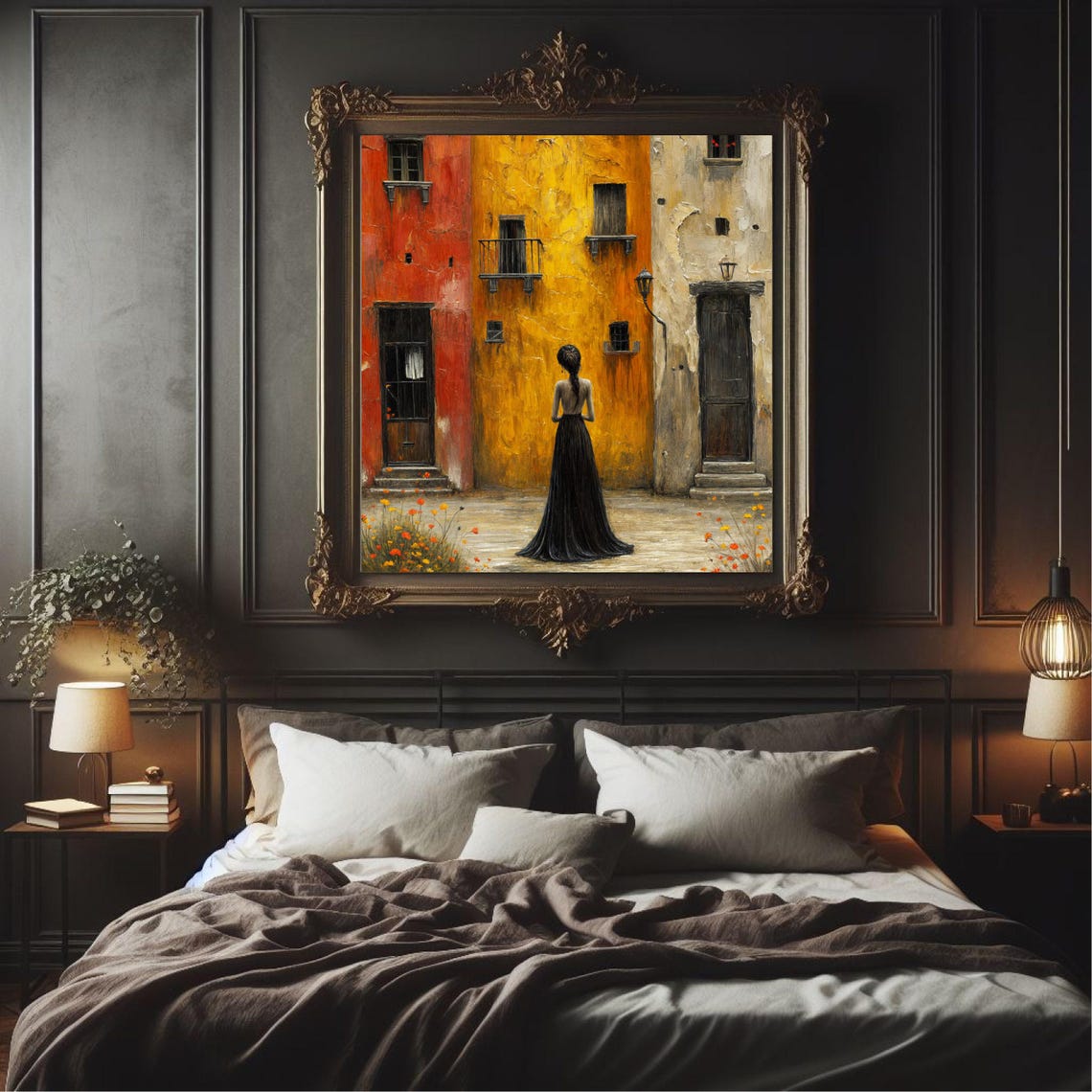 Colorful Urban Street Scene Wall Art Woman In Black Dress Painting Vibrant Cityscape Unique Home Decor Gift - Image 3