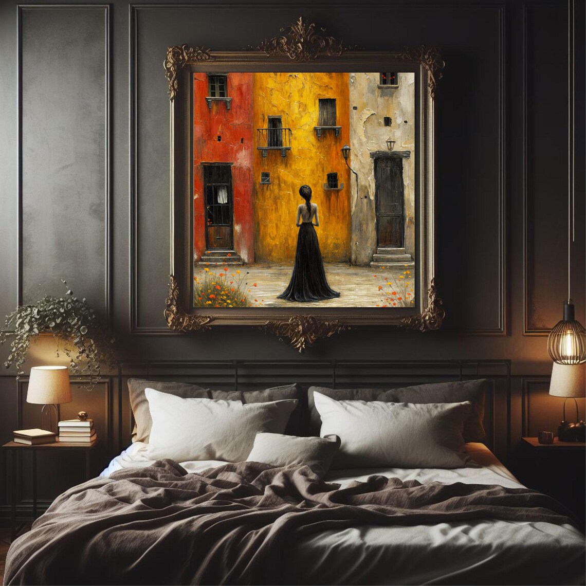 Woman In Black Dress Colorful Ochre Street Vibrant Old Town Art Poster - Image 3