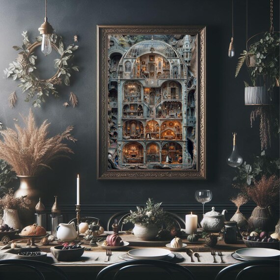 Haunted Gothic Mansion Cutaway Dollhouse Spooky Halloween Art Poster
