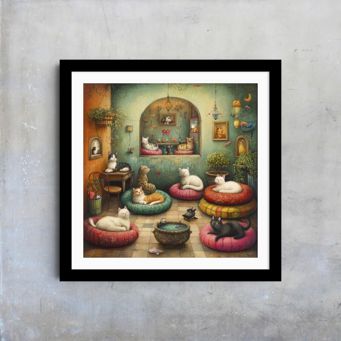 Cozy Cats Lounging Colorful Cushions Bohemian Cat Room Art Poster - Image 4