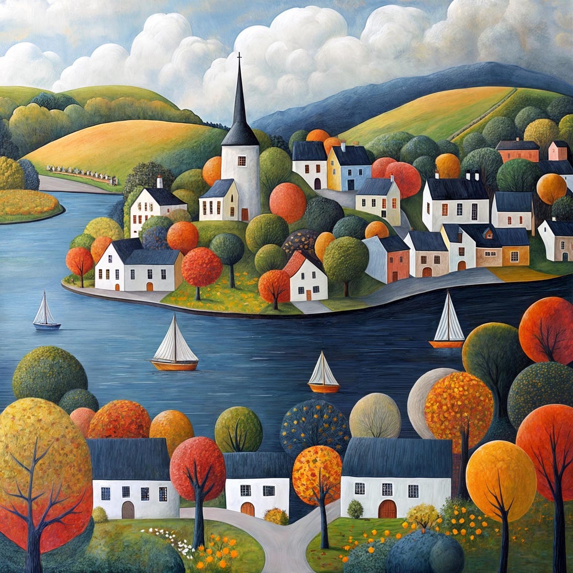 Colorful Coastal Village Wall Art Harbor View Painting Sailboats And Seaside Houses Print Ocean Art For Living Room Autumn Home Decor - Image 3