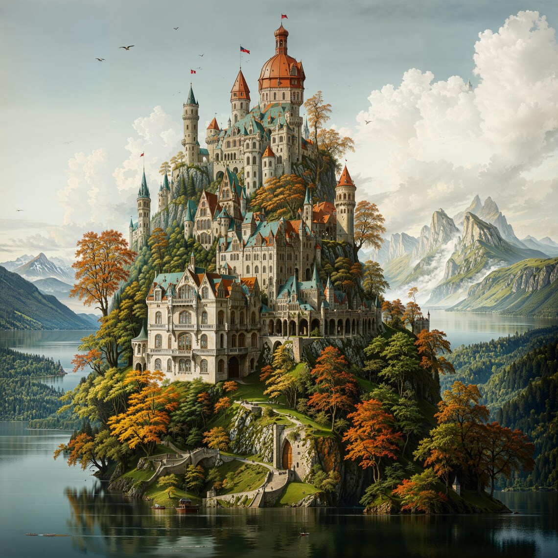 Majestic Fantasy Castle Lake Island Red Domes Autumn Trees Art Poster - Image 3
