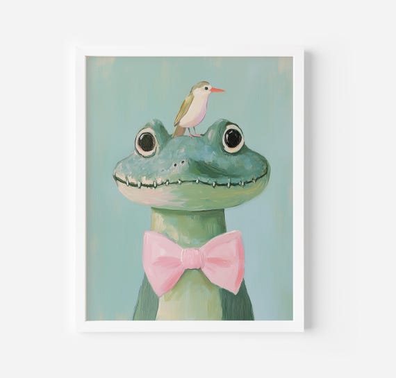 Cute Little Crocodile Wall Print Alligator And Bird Print Nursery Wall Print Kids Room Decor Fun Animal Wall Art Pink Bow Alligator Art