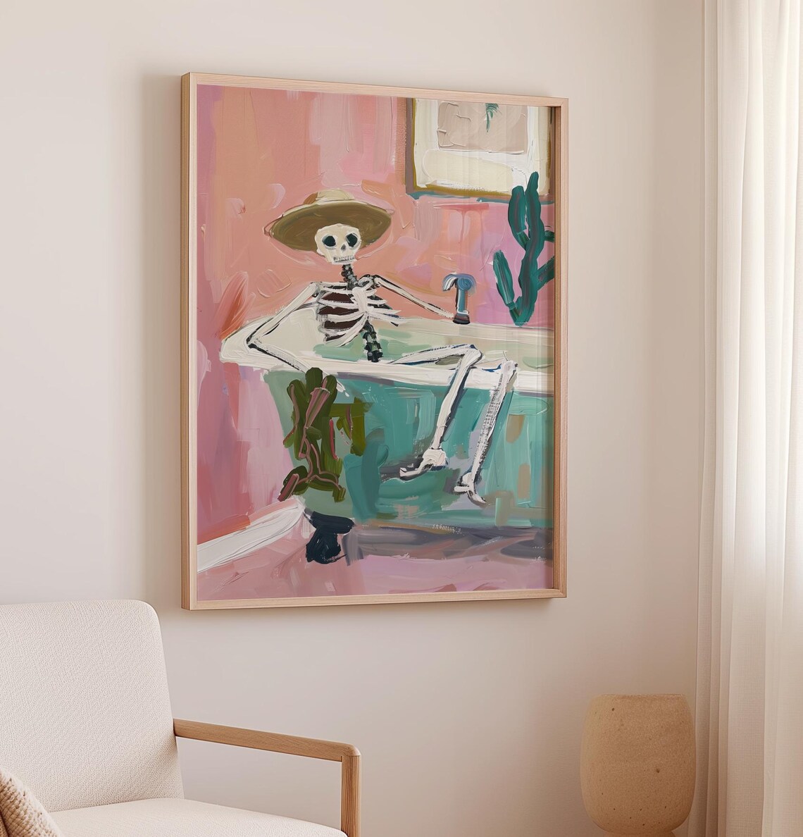 Skeleton On A Vintage Bathtub Print Retro Fall Decor Halloween Bathroom Wall Art Pastel Hues Spooky Cute Skeleton Print - Image 2