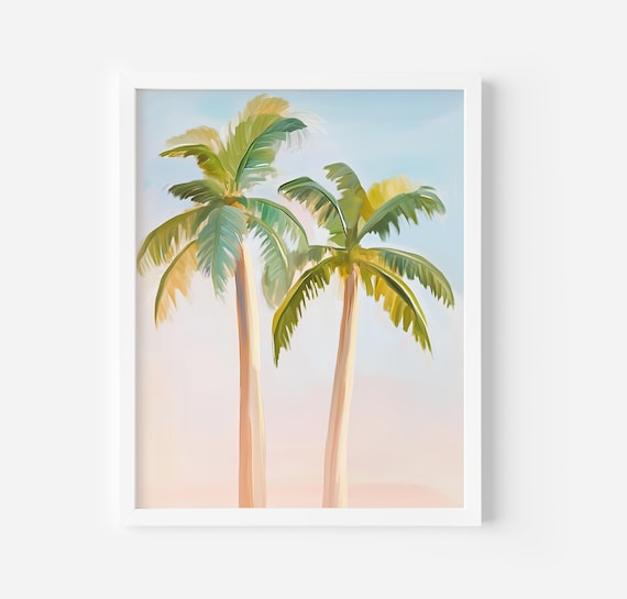 Two Tall Palm Trees Against Pastel Sky Tropical Painting Poster