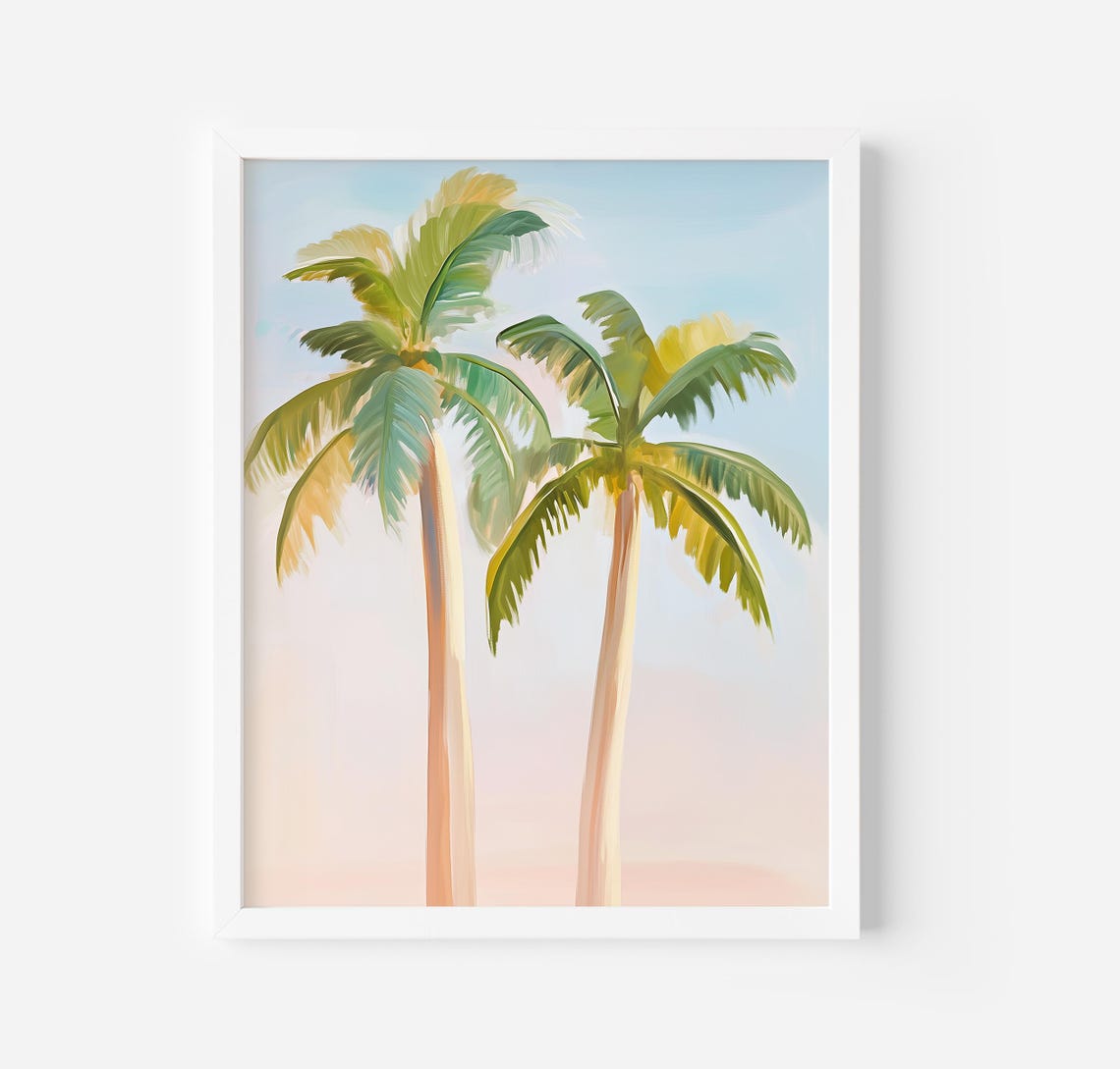 Two Tall Palm Trees Against Pastel Sky Tropical Painting Poster