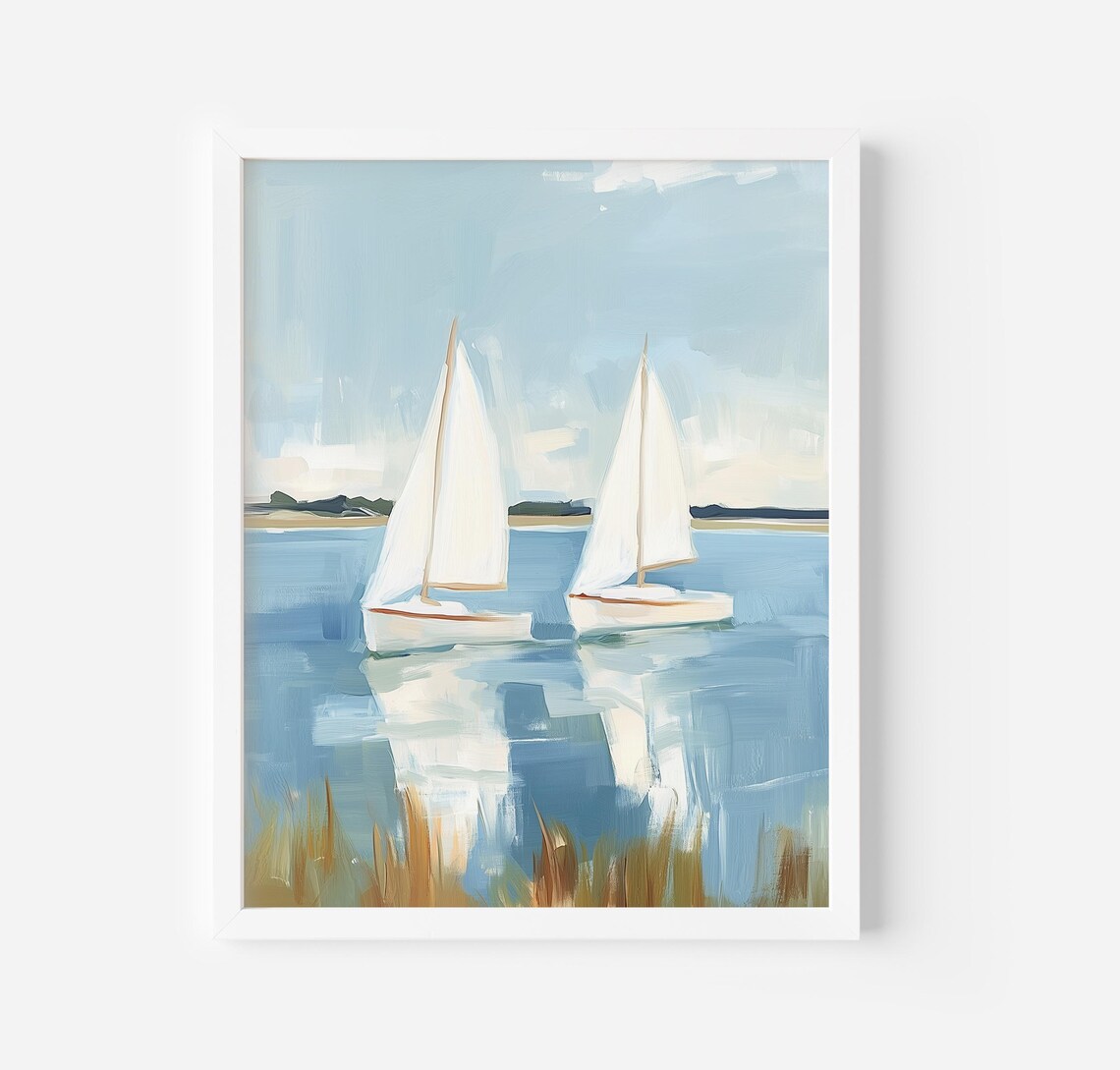 Boat Sailboats Art Print, Vintage Coastal Landscape
