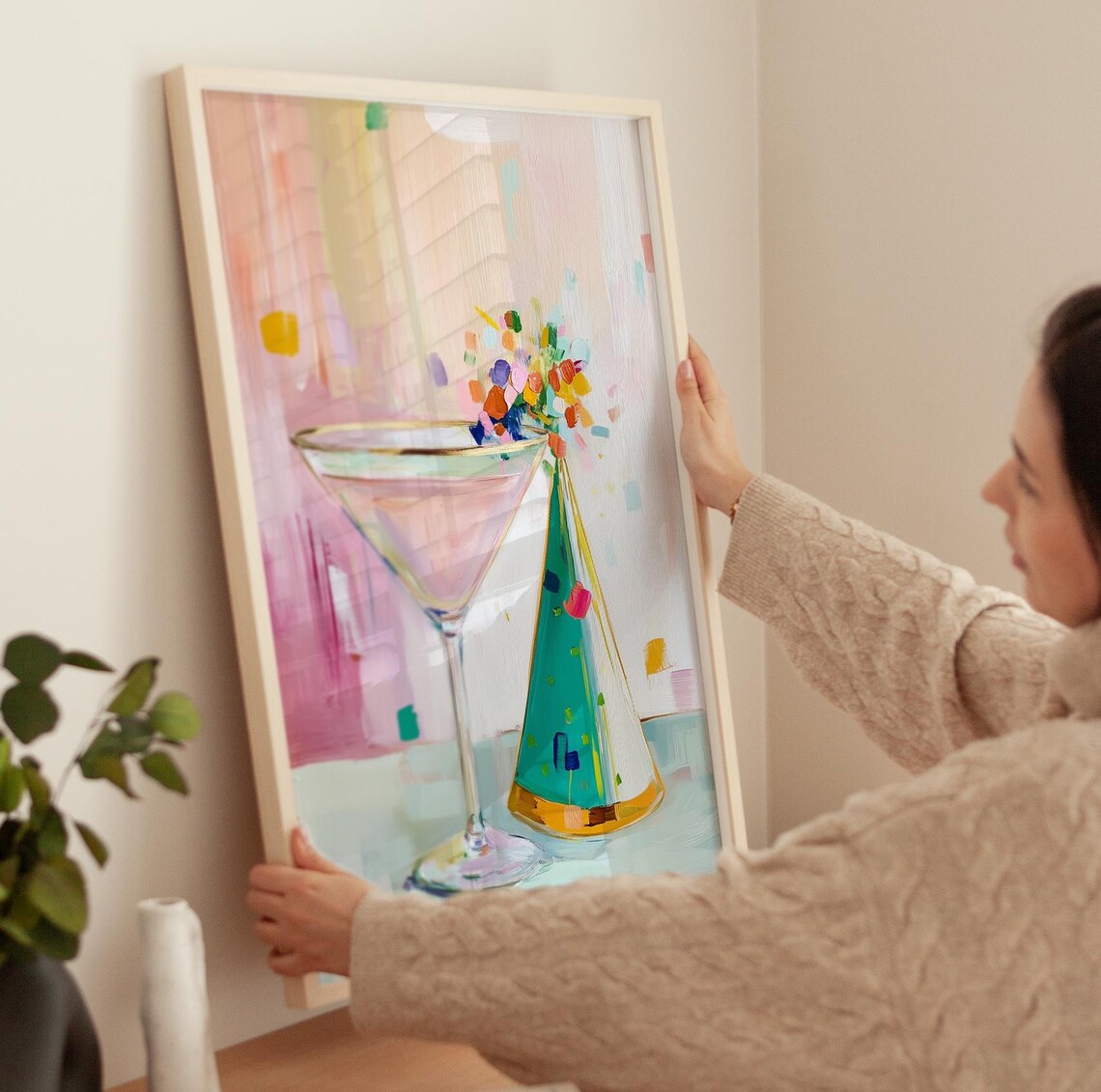 Pink Martini Glass and Party Hat Confetti Festive Bar Cart Decor Poster - Image 4