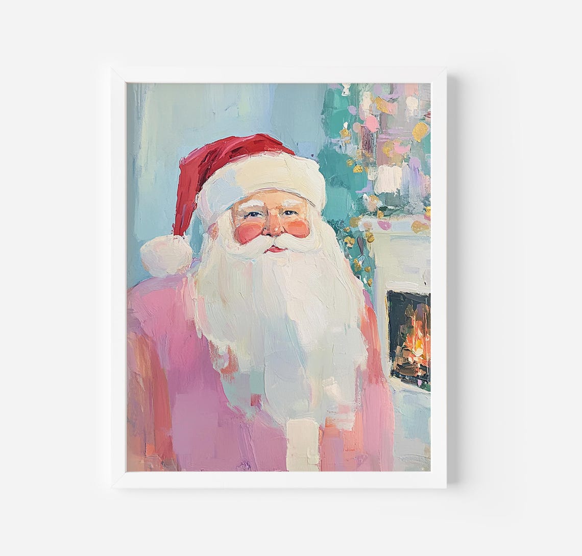 Pink Pastel Santa Claus Portrait Glowing By The Fireplace Poster