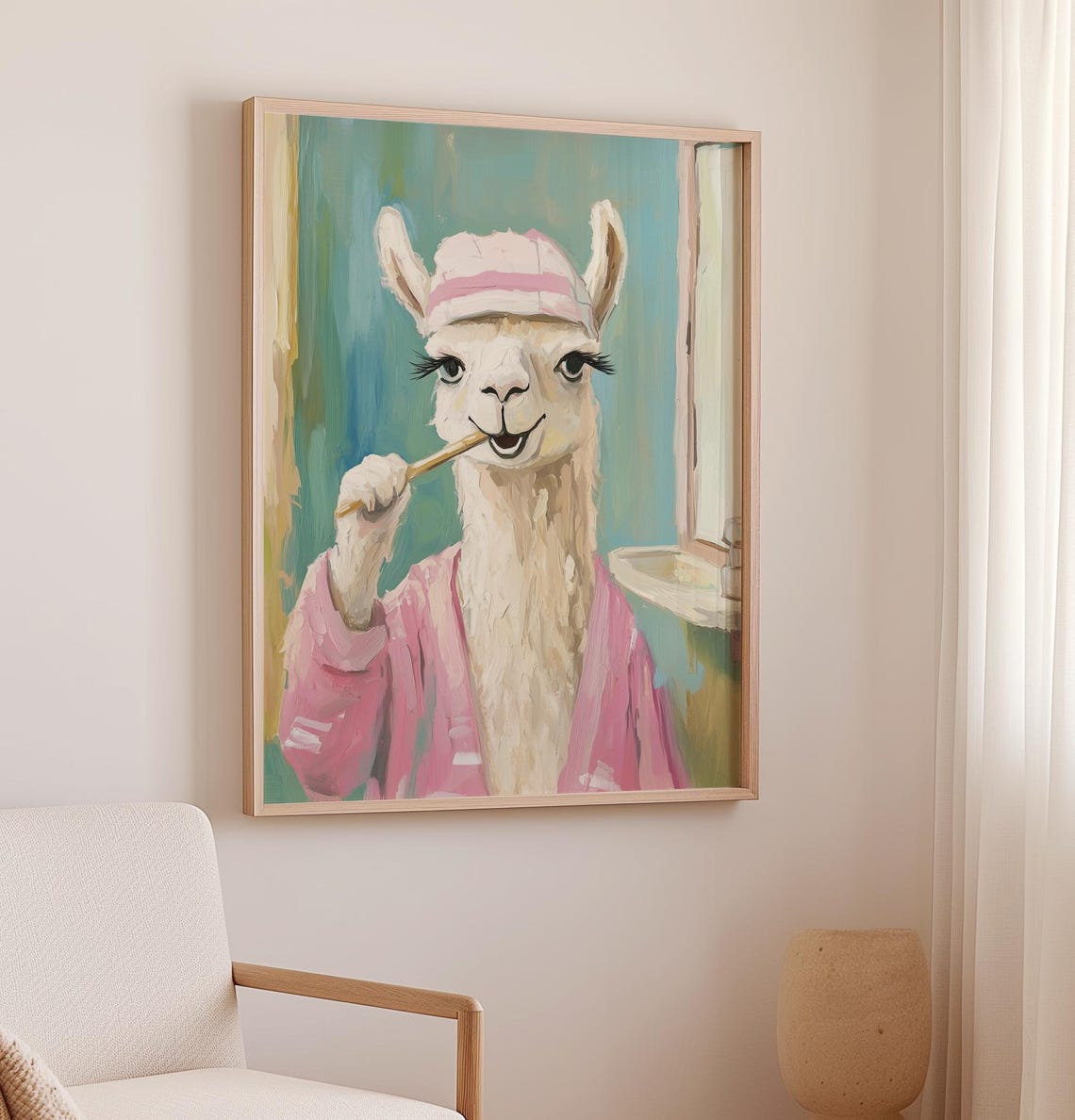 Llama Brushing Teeth in Pink Bathrobe Funny Bathroom Animal Art Poster - Image 3
